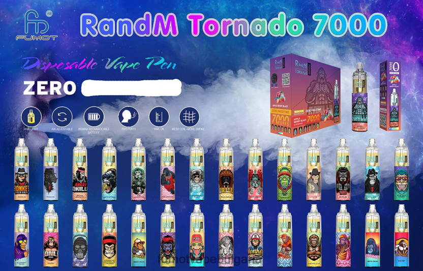 Fumot Factory - Fumot Tornado 7000 писалка за еднократна употреба 0% - 14 ml (1 брой) кисела ябълка JXTHRV537